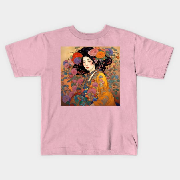 Asian Art Nouveau Woman Beauty with Flowers Kids T-Shirt by LittleBean